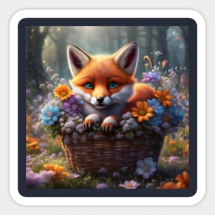 Baby Fox in a Basket of Flowers Sticker